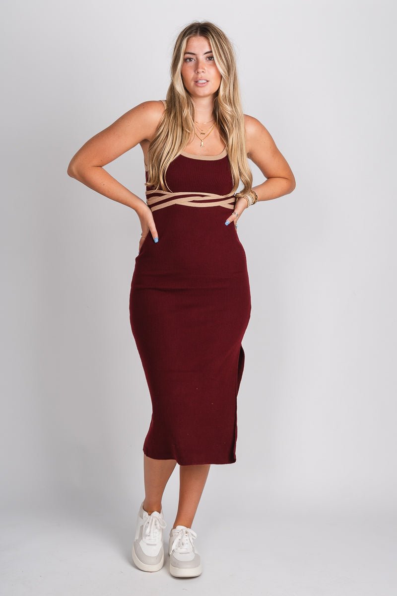 Square neck midi dress wine - Cute dress - Trendy Dresses at Lush Fashion Lounge Boutique in Oklahoma City