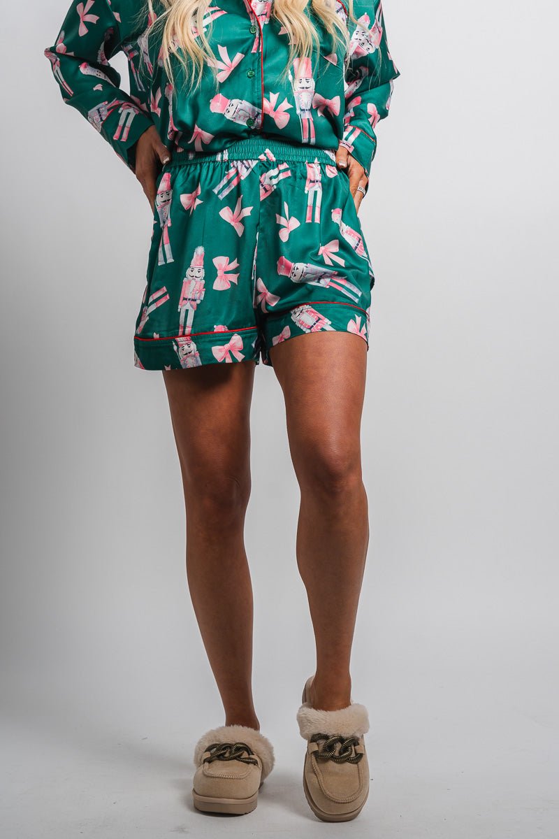 Christmas nutcracker satin shorts green - Trendy Holiday Apparel at Lush Fashion Lounge Boutique in Oklahoma City