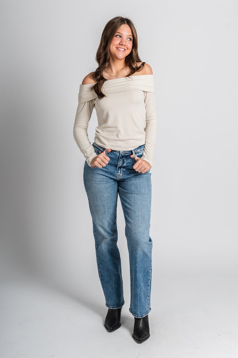 Off shoulder top ecru - Trendy Sweaters | Cute Pullover Sweaters at Lush Fashion Lounge Boutique in Oklahoma City