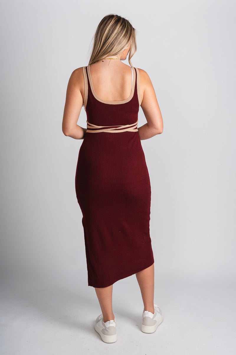 Square neck midi dress wine Stylish dress - Womens Fashion Dresses at Lush Fashion Lounge Boutique in Oklahoma City