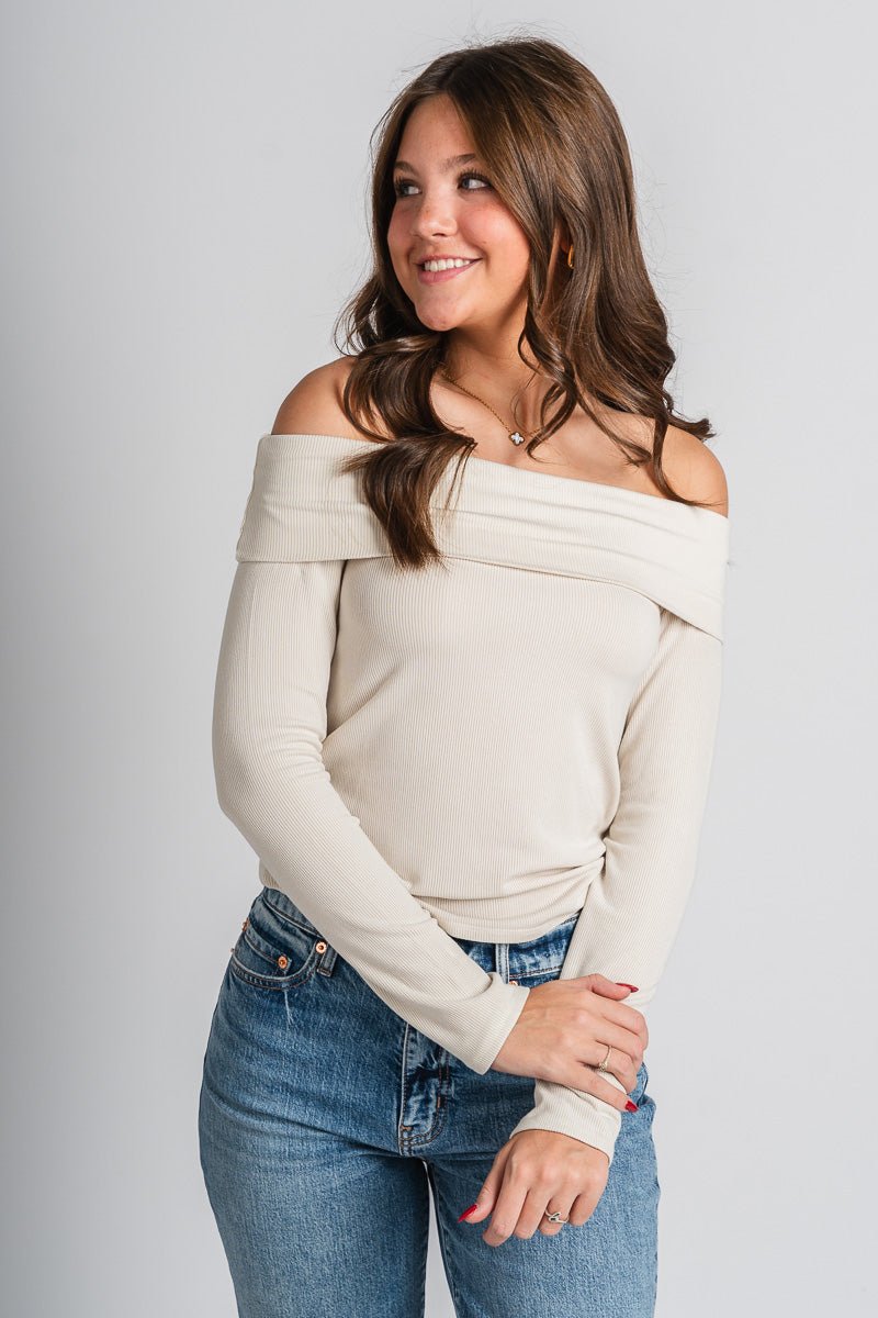 Off shoulder top ecru – Boutique Sweaters | Fashionable Sweaters at Lush Fashion Lounge Boutique in Oklahoma City