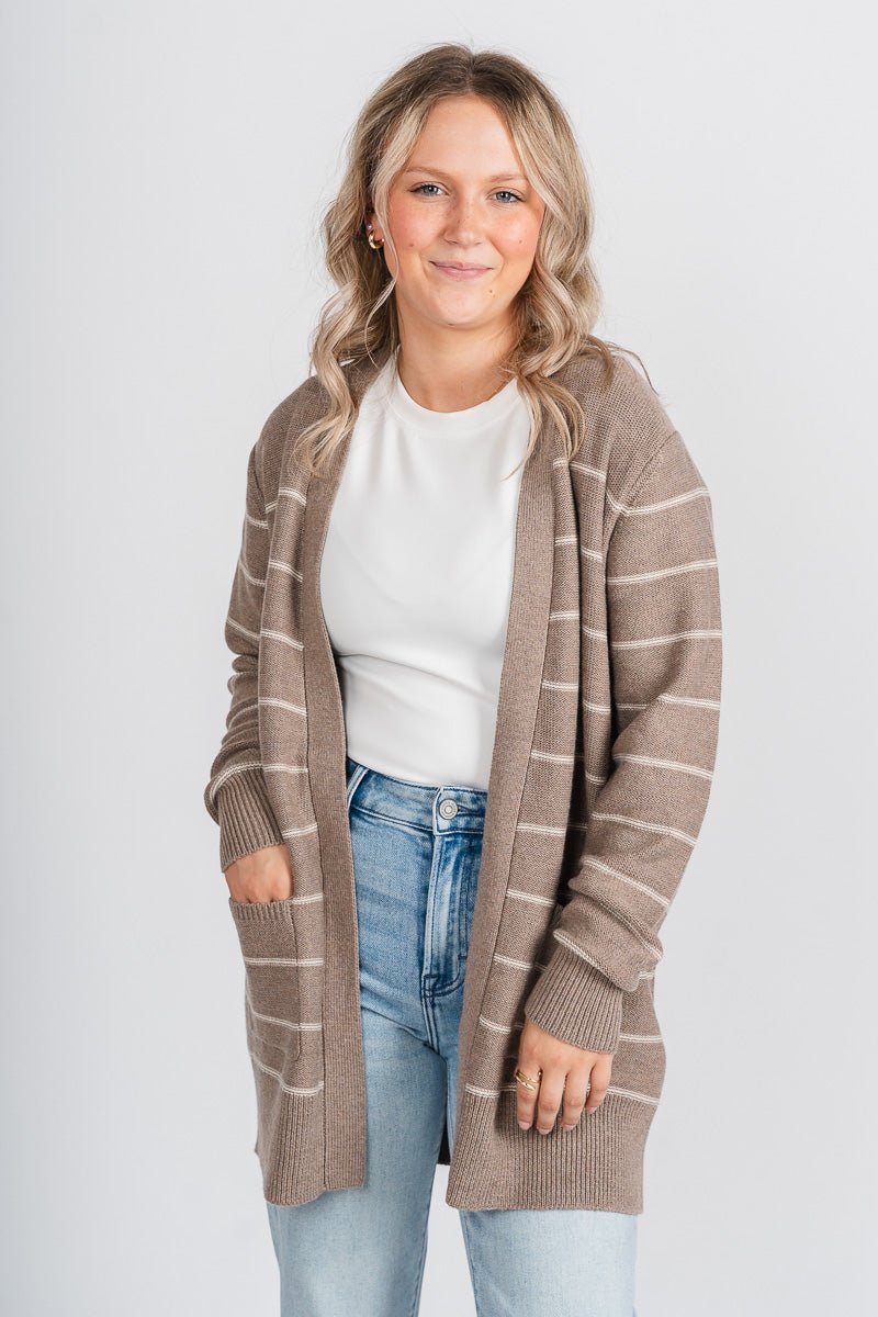 Striped cardigan mocha - Cute Cardigan - Trendy Cardigans & Stylish Kimonos at Lush Fashion Lounge Boutique in Oklahoma City