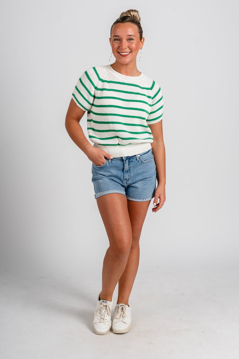 Striped short sleeve sweater green - Trendy Sweaters | Cute Pullover Sweaters at Lush Fashion Lounge Boutique in Oklahoma City