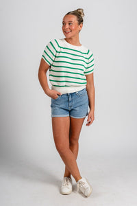 Striped short sleeve sweater green – Unique Sweaters | Lounging Sweaters and Womens Fashion Sweaters at Lush Fashion Lounge Boutique in Oklahoma City