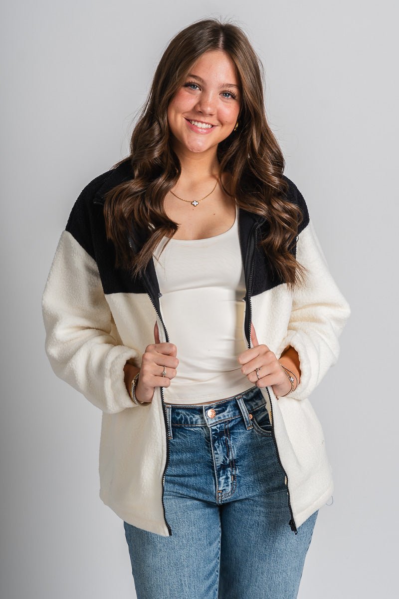 Colorblock sherpa jacket black/cream – Affordable Blazers | Cute Black Jackets at Lush Fashion Lounge Boutique in Oklahoma City