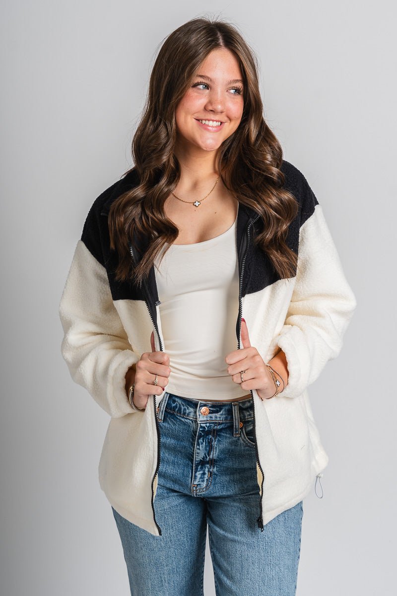 Colorblock sherpa jacket black/cream – Trendy Jackets | Cute Fashion Blazers at Lush Fashion Lounge Boutique in Oklahoma City