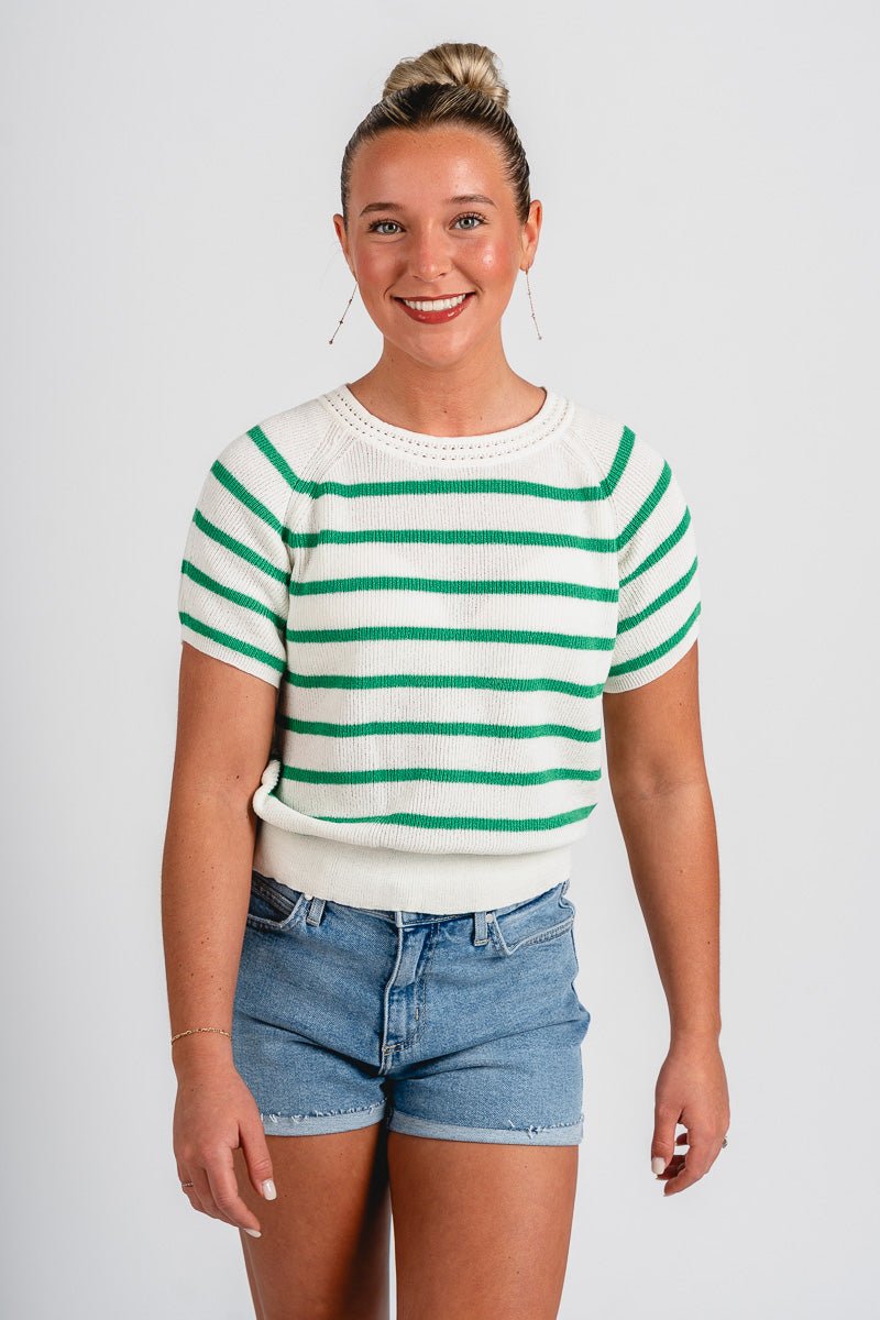 Striped short sleeve sweater green – Stylish Sweaters | Boutique Sweaters at Lush Fashion Lounge Boutique in Oklahoma City