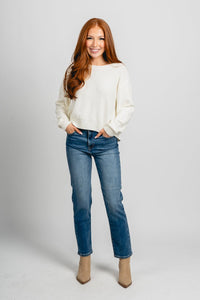 Tie bow back sweater cream/black - Trendy Sweaters | Cute Pullover Sweaters at Lush Fashion Lounge Boutique in Oklahoma City