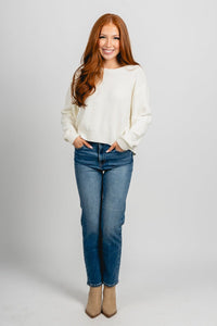 Tie bow back sweater cream/black – Unique Sweaters | Lounging Sweaters and Womens Fashion Sweaters at Lush Fashion Lounge Boutique in Oklahoma City