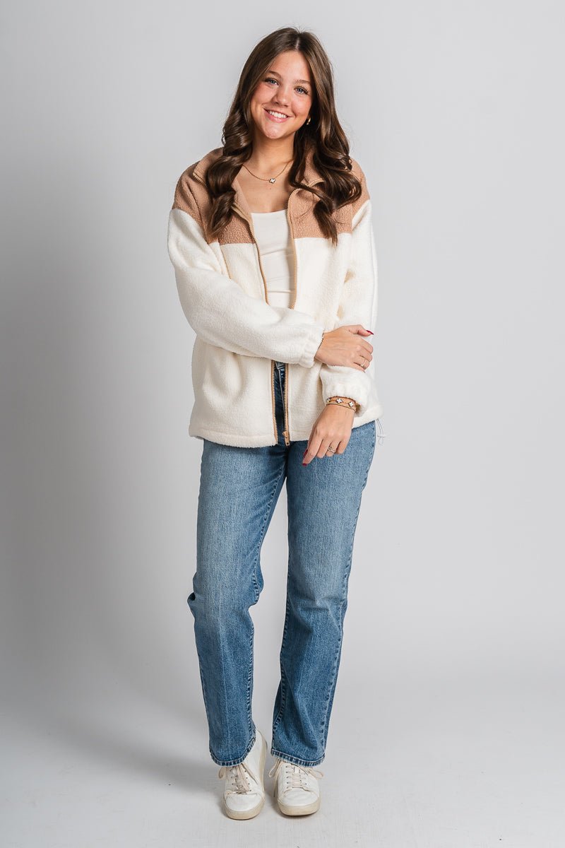 Colorblock sherpa jacket taupe/cream – Unique Blazers | Cute Blazers For Women at Lush Fashion Lounge Boutique in Oklahoma City