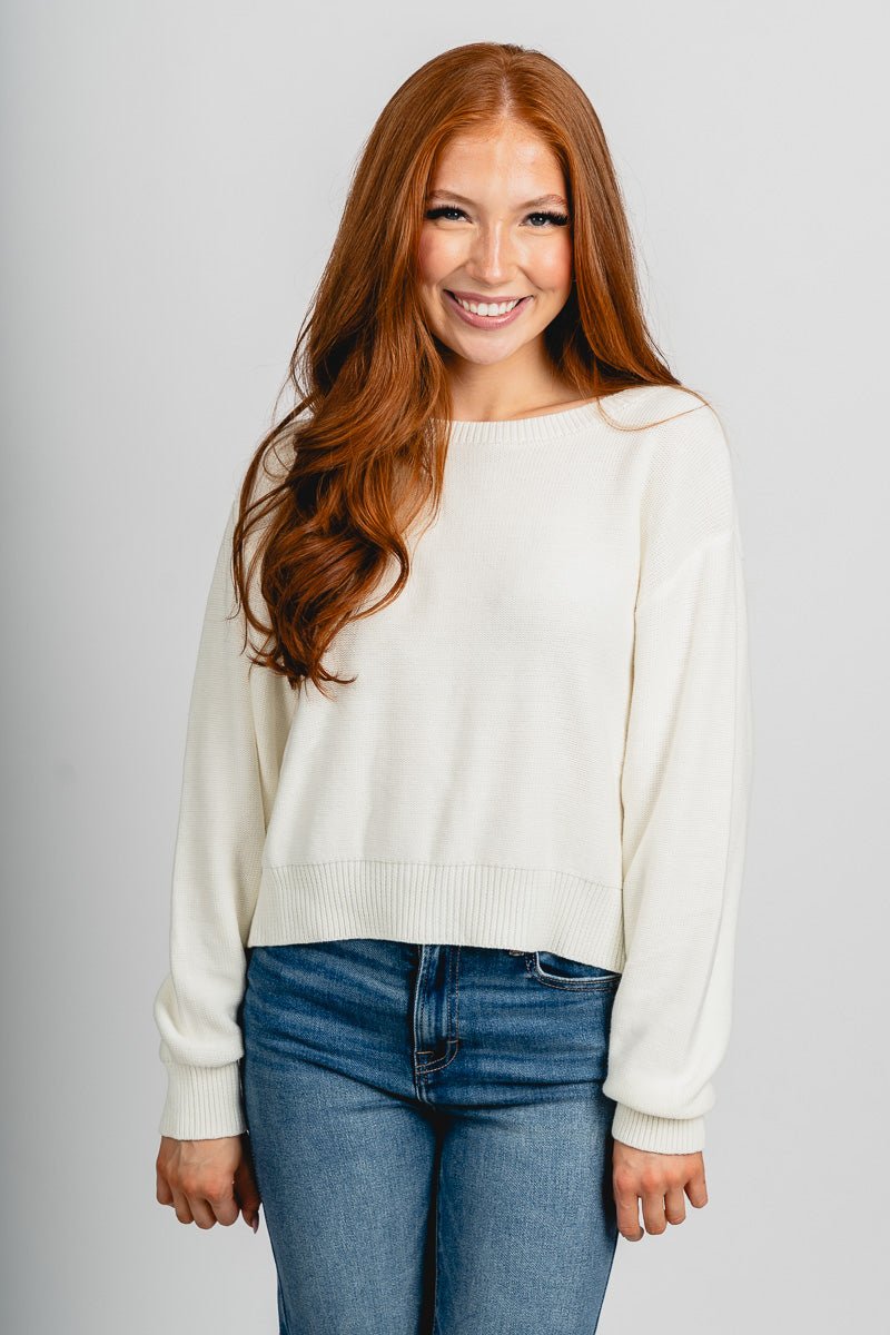 Tie bow back sweater cream/black – Stylish Sweaters | Boutique Sweaters at Lush Fashion Lounge Boutique in Oklahoma City