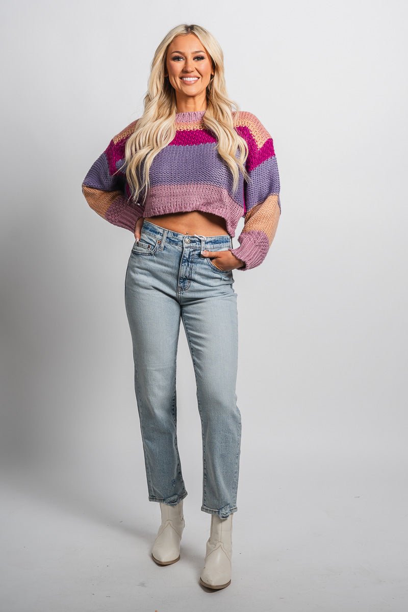 Striped crop sweater mauve multi - Trendy Sweaters | Cute Pullover Sweaters at Lush Fashion Lounge Boutique in Oklahoma City