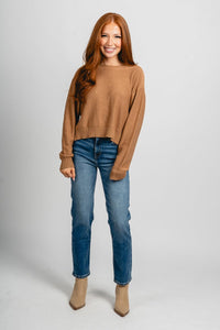Tie bow back sweater camel/cream - Trendy Sweaters | Cute Pullover Sweaters at Lush Fashion Lounge Boutique in Oklahoma City