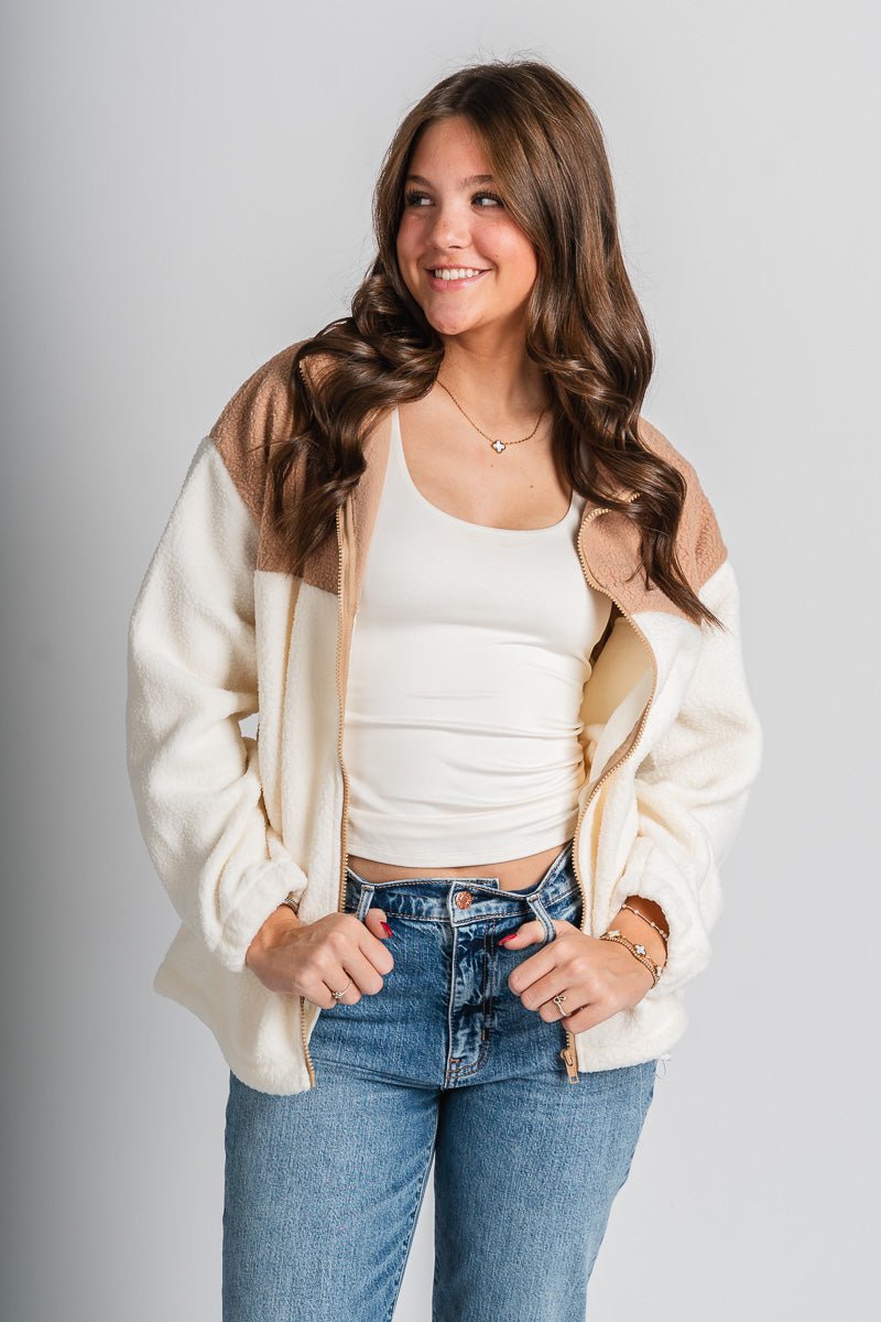 Colorblock sherpa jacket taupe/cream – Affordable Blazers | Cute Black Jackets at Lush Fashion Lounge Boutique in Oklahoma City