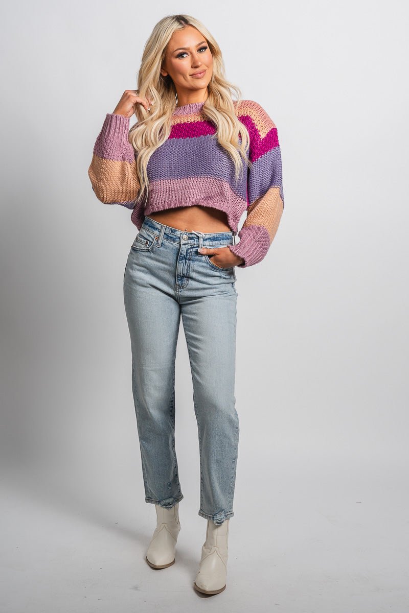 Striped crop sweater mauve multi – Unique Sweaters | Lounging Sweaters and Womens Fashion Sweaters at Lush Fashion Lounge Boutique in Oklahoma City