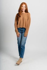 Tie bow back sweater camel/cream – Unique Sweaters | Lounging Sweaters and Womens Fashion Sweaters at Lush Fashion Lounge Boutique in Oklahoma City