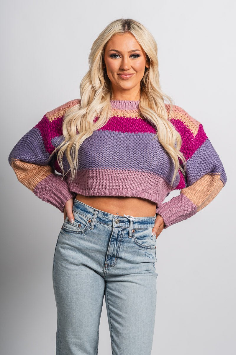 Striped crop sweater mauve multi – Stylish Sweaters | Boutique Sweaters at Lush Fashion Lounge Boutique in Oklahoma City