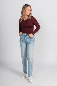 Long sleeve bodysuit maroon Stylish Bodysuit - Womens Fashion Bodysuits at Lush Fashion Lounge Boutique in Oklahoma City