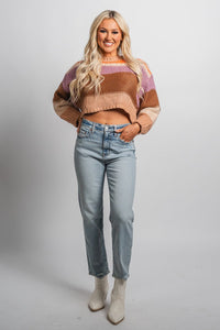 Striped crop sweater beige multi - Trendy Sweaters | Cute Pullover Sweaters at Lush Fashion Lounge Boutique in Oklahoma City