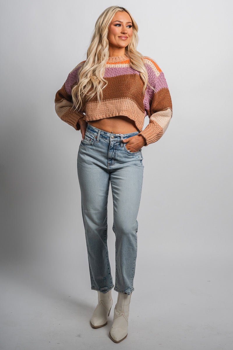 Striped crop sweater beige multi – Unique Sweaters | Lounging Sweaters and Womens Fashion Sweaters at Lush Fashion Lounge Boutique in Oklahoma City