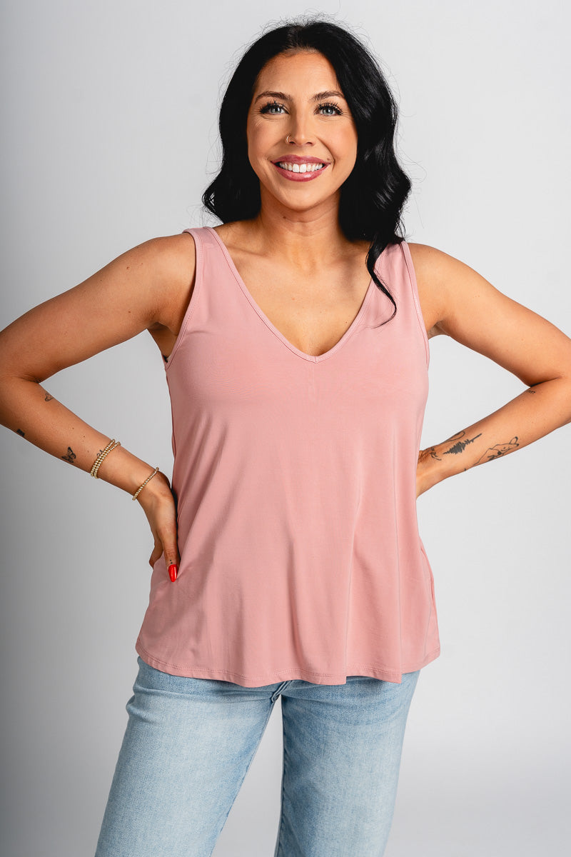 Double v flowy tank top dusty rose - Affordable Tank Top - Boutique Tank Tops at Lush Fashion Lounge Boutique in Oklahoma City