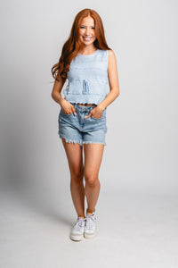 Bow stitch tie tank top light blue Stylish tank - Womens Fashion Tank Tops at Lush Fashion Lounge Boutique in Oklahoma City