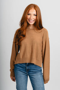 Tie bow back sweater camel/cream – Stylish Sweaters | Boutique Sweaters at Lush Fashion Lounge Boutique in Oklahoma City
