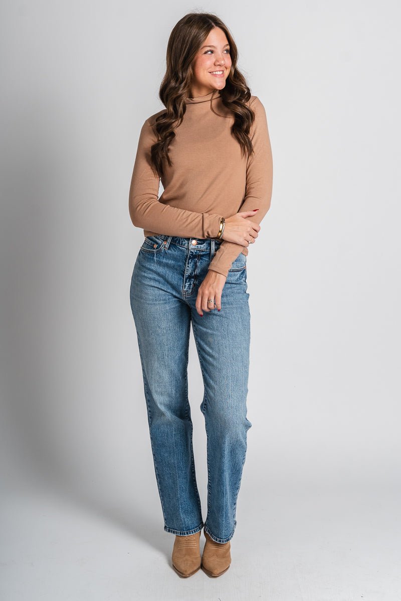 Mock neck long sleeve top camel