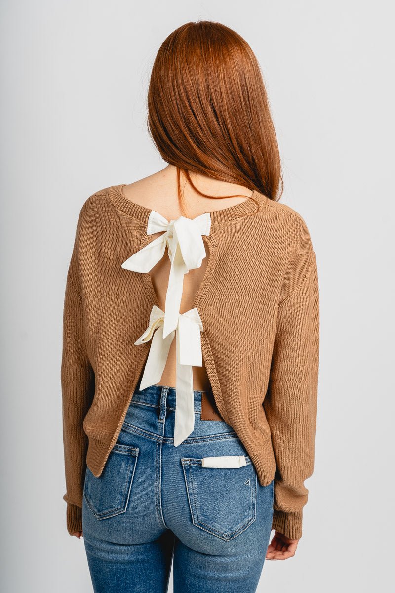 Tie bow back sweater camel/cream