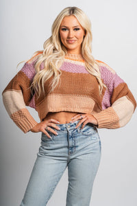 Striped crop sweater beige multi – Stylish Sweaters | Boutique Sweaters at Lush Fashion Lounge Boutique in Oklahoma City