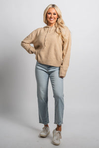 Drawstring knit hoodie taupe - Stylish hoodie - Trendy Lounge Sets at Lush Fashion Lounge Boutique in Oklahoma City