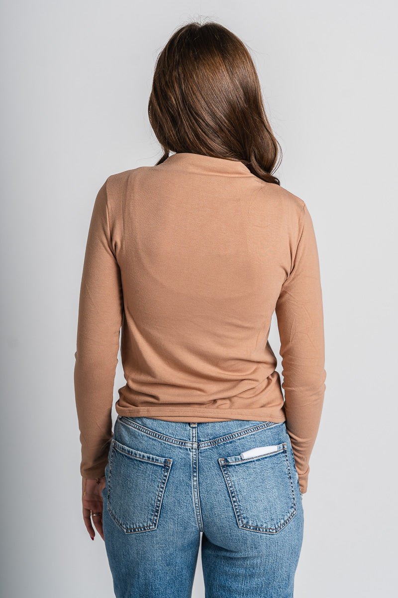 Mock neck long sleeve top camel