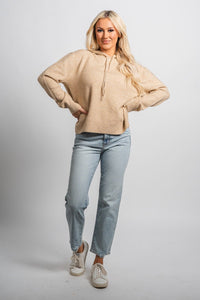 Drawstring knit hoodie taupe - Fun hoodie - Unique Lounge Looks at Lush Fashion Lounge Boutique in Oklahoma