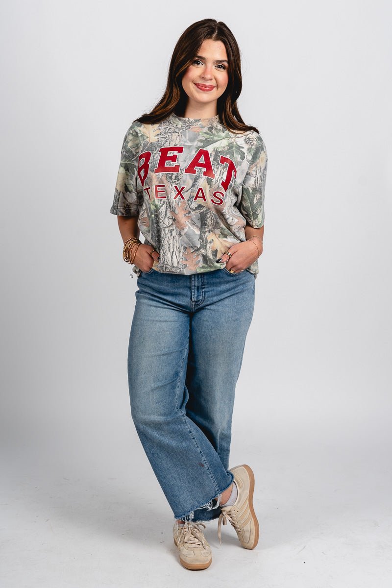 OU OU Beat Texas camo tee green camo T-shirt | Lush Fashion Lounge Trendy Oklahoma University Sooners Apparel & Cute Gameday T-Shirts