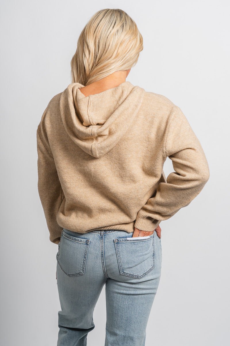 Drawstring knit hoodie taupe - Adorable hoodie - Stylish Comfortable Outfits at Lush Fashion Lounge Boutique in OKC