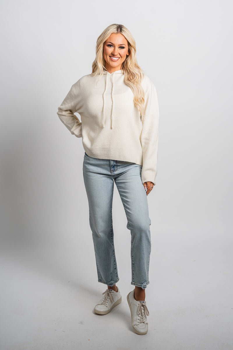 Drawstring knit hoodie cream - Stylish hoodie - Trendy Lounge Sets at Lush Fashion Lounge Boutique in Oklahoma City