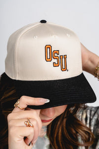 OSU OSU diagonal two tone hat natural/black hat | Lush Fashion Lounge Trendy Oklahoma State Cowboys Apparel & Cute Gameday T-Shirts