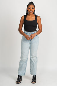 Square neck bodysuit black Stylish - Womens Fashion Bodysuits at Lush Fashion Lounge Boutique in Oklahoma City