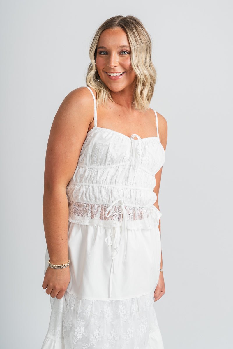 Shirred lace tank top white - Cute Tank Top - Trendy Tank Tops at Lush Fashion Lounge Boutique in Oklahoma City