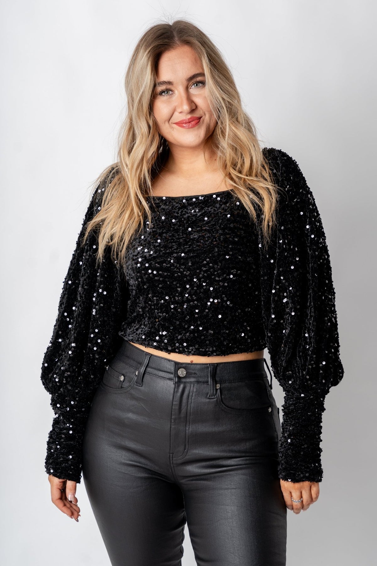 Sequin velvet crop top black - Trendy New Year's Eve Outfits at Lush Fashion Lounge Boutique in Oklahoma City