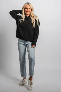 Drawstring knit hoodie black - Stylish hoodie - Trendy Lounge Sets at Lush Fashion Lounge Boutique in Oklahoma City