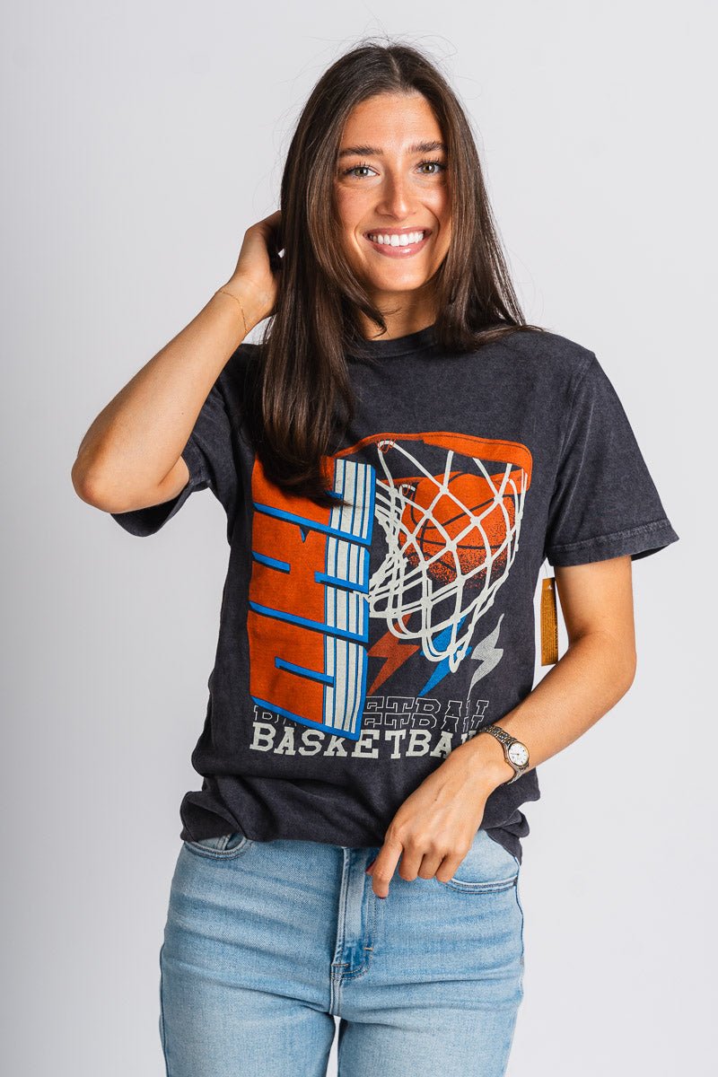 OKC basketball hoop retro unisex t-shirt vintage black - Trendy OKC Apparel at Lush Fashion Lounge Boutique in Oklahoma City