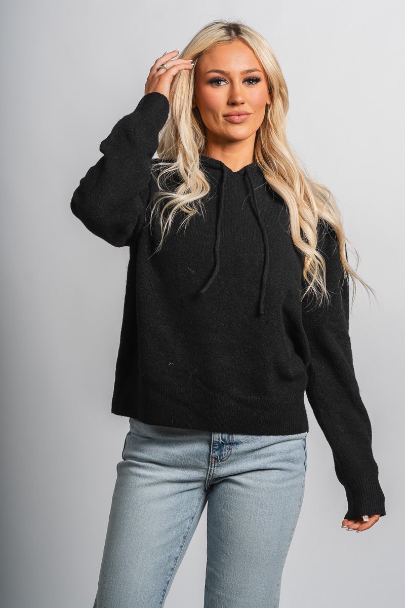 Drawstring knit hoodie black - Trendy hoodie - Cute Loungewear Collection at Lush Fashion Lounge Boutique in Oklahoma City