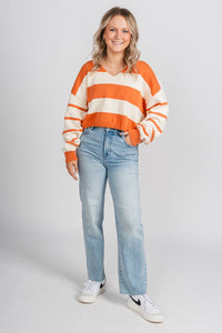 Striped long sleeve sweater cream/rust – Boutique Sweaters | Fashionable Sweaters at Lush Fashion Lounge Boutique in Oklahoma City