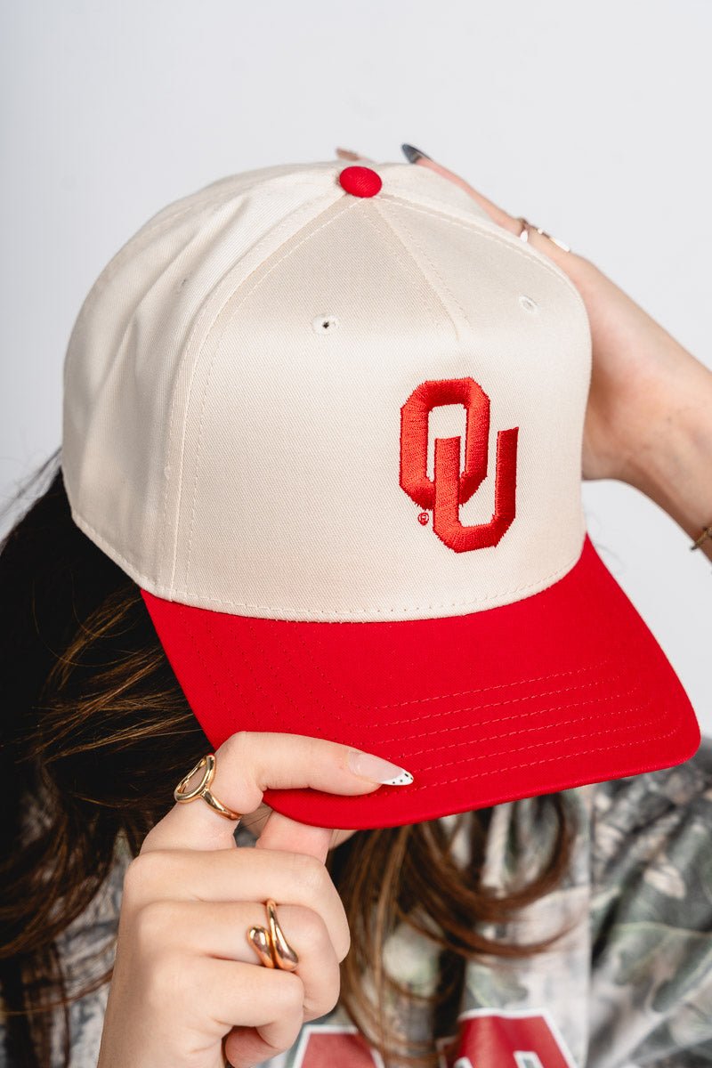 OU OU Interlock logo two tone hat natural/red hat | Lush Fashion Lounge Trendy Oklahoma University Sooners Apparel & Cute Gameday T-Shirts
