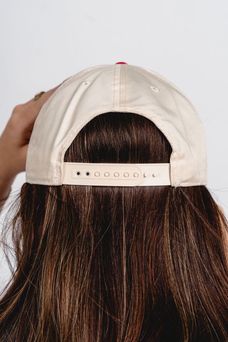 OU OU Interlock logo two tone hat natural/red hat | Lush Fashion Lounge Trendy Oklahoma University Sooners Apparel & Cute Gameday T-Shirts