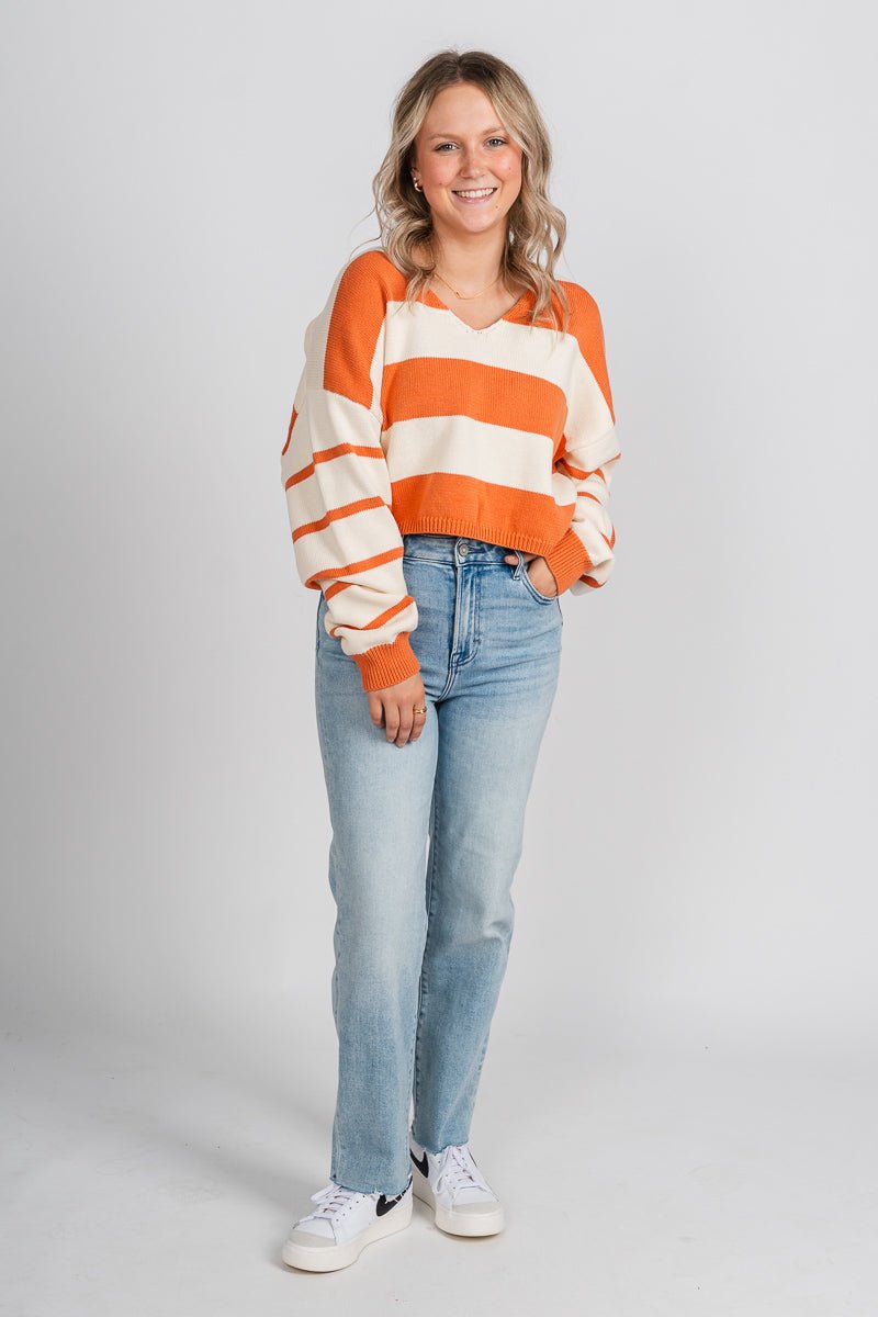 Striped long sleeve sweater cream/rust - Trendy Sweaters | Cute Pullover Sweaters at Lush Fashion Lounge Boutique in Oklahoma City