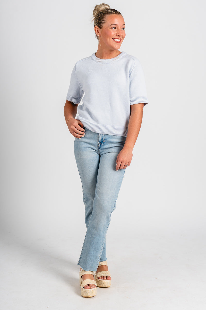 Short sleeve raglan sweater ice blue - Trendy Sweaters | Cute Pullover Sweaters at Lush Fashion Lounge Boutique in Oklahoma City