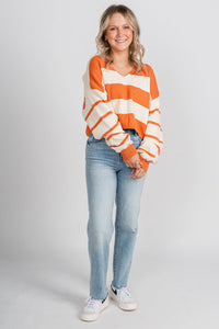 Striped long sleeve sweater cream/rust – Stylish Sweaters | Boutique Sweaters at Lush Fashion Lounge Boutique in Oklahoma City