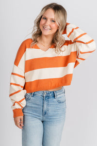 Striped long sleeve sweater cream/rust – Unique Sweaters | Lounging Sweaters and Womens Fashion Sweaters at Lush Fashion Lounge Boutique in Oklahoma City